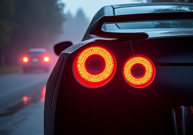 Distinctive rear lights of a Nissan GT-R R35 gleaming in the low light, showcasing its modern sports car appeal.