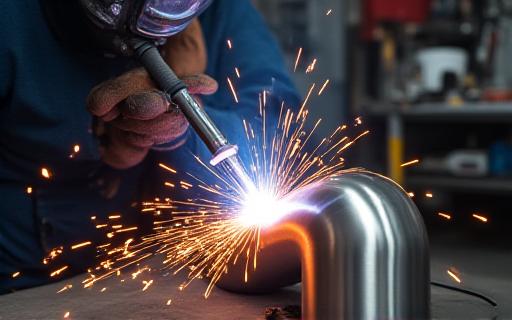 Skilled mechanic welding a custom stainless steel exhaust pipe with sparks flying, highlighting bespoke fabrication.